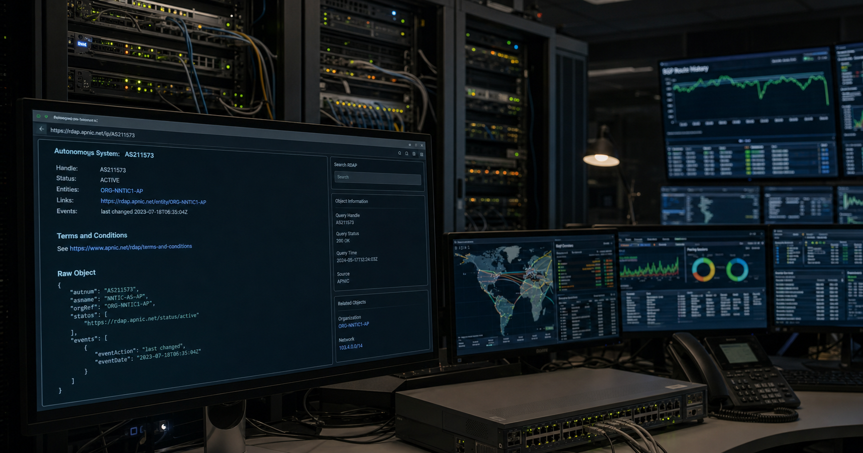 Quiet network operations center with BGP routing displays and a terminal showing the AS211573 registry entry.