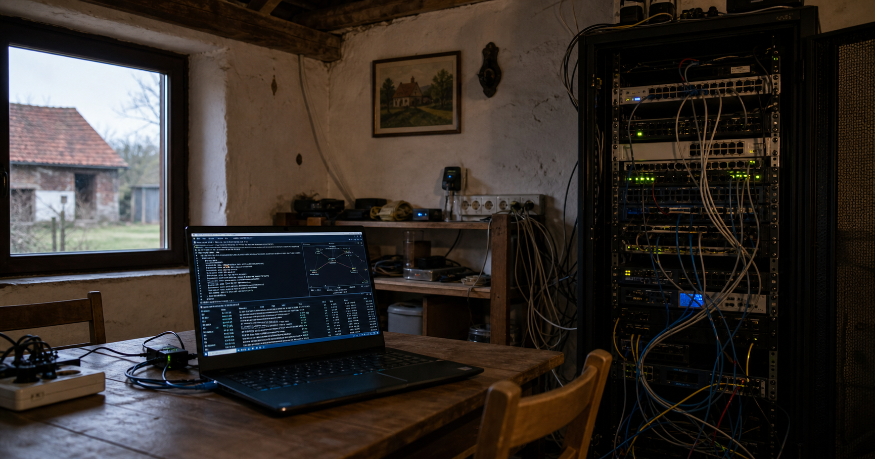 A network operator's provisional workspace in rural Croatia, with a terminal displaying the dormant AS211572 and a hand ready to make a registry change.