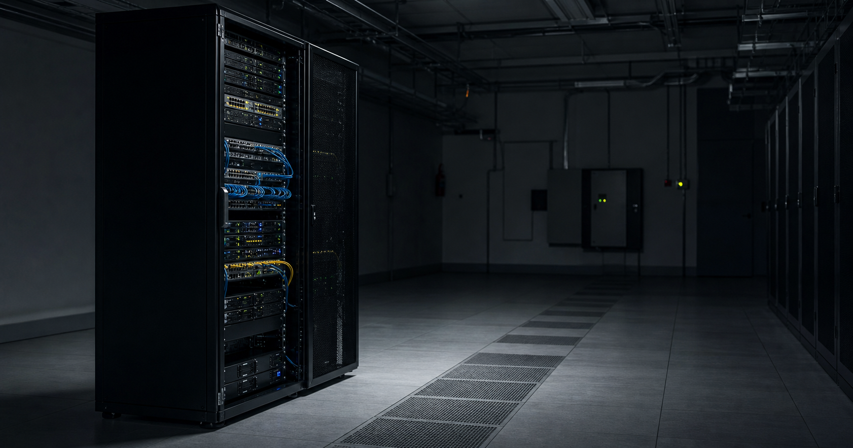 A solitary server rack in a dimly lit data center with an unplugged network cable and a monitor displaying 'AS211605 — NO ANNOUNCED PREFIXES'.