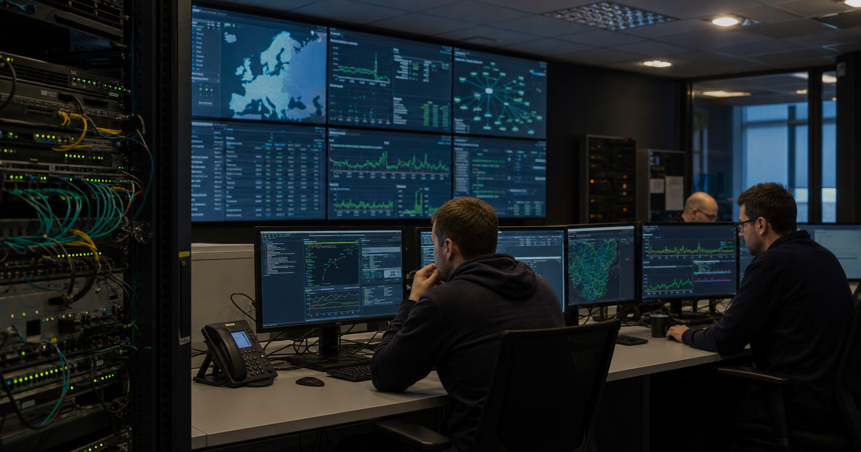 Engineer monitoring BGP routes for AS211601 in a dimly lit NOC.
