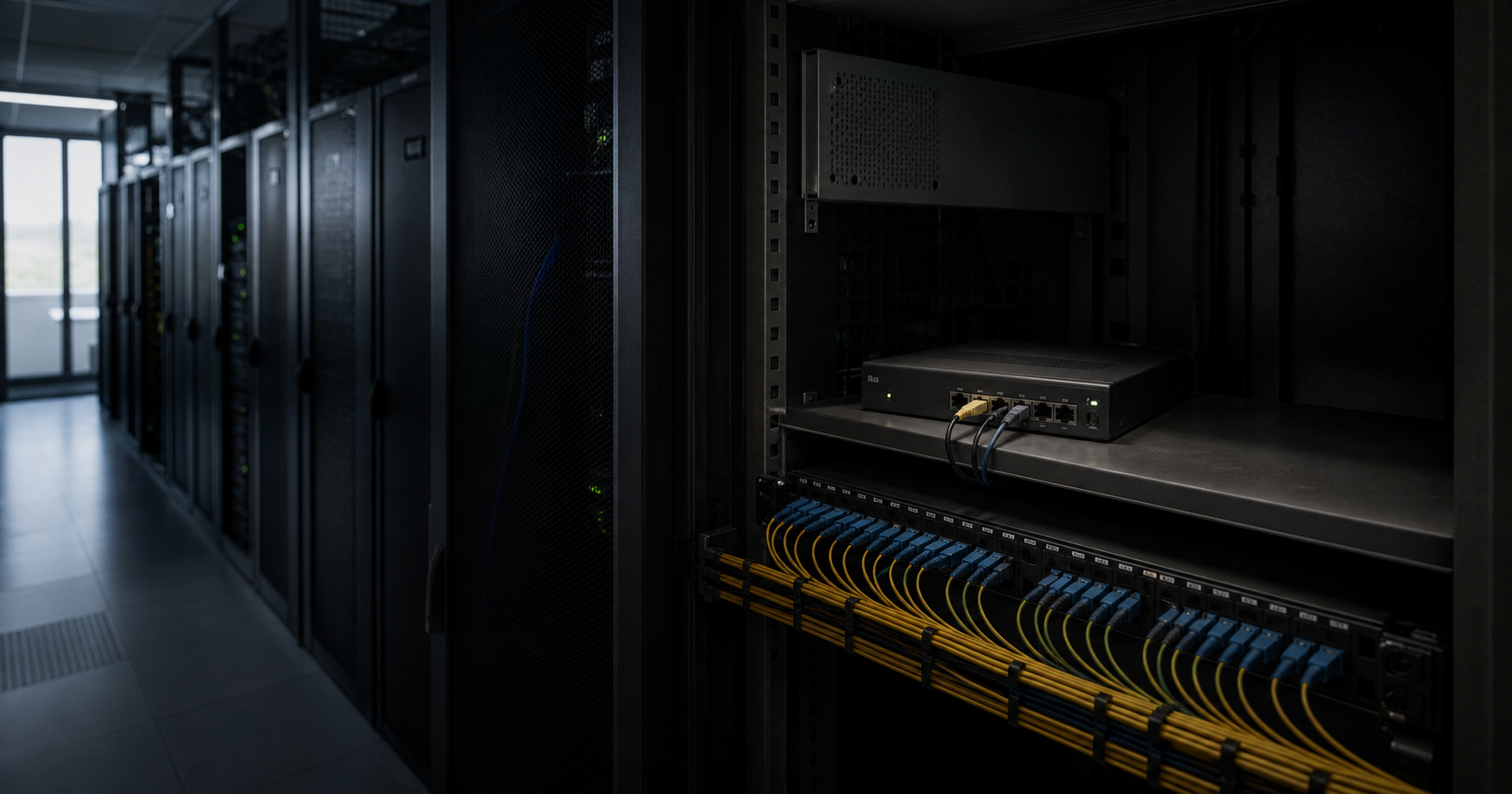 A dark, unused server room with a router connected to a fiber patch panel; a single green indicator light glows, symbolizing a dormant ASN ready to activate.