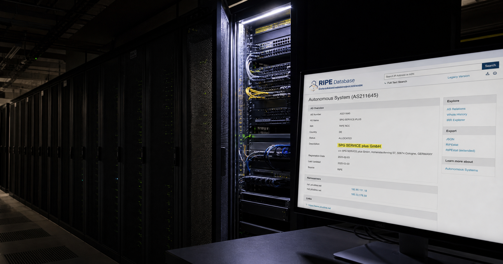 Darkened server room with a single rack illuminated and a monitor showing a RIPE NCC record for AS211645 with the name 'SPG SERVICE plus GmbH' highlighted.