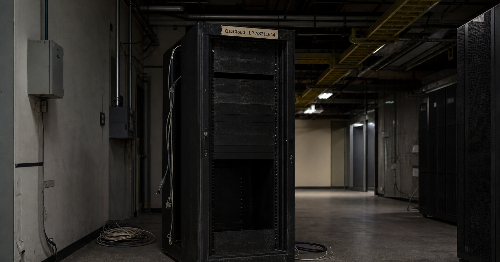 A dimly lit data center hallway with an unlit server rack; a dusty label reads 'QazCloud LLP AS211644'.