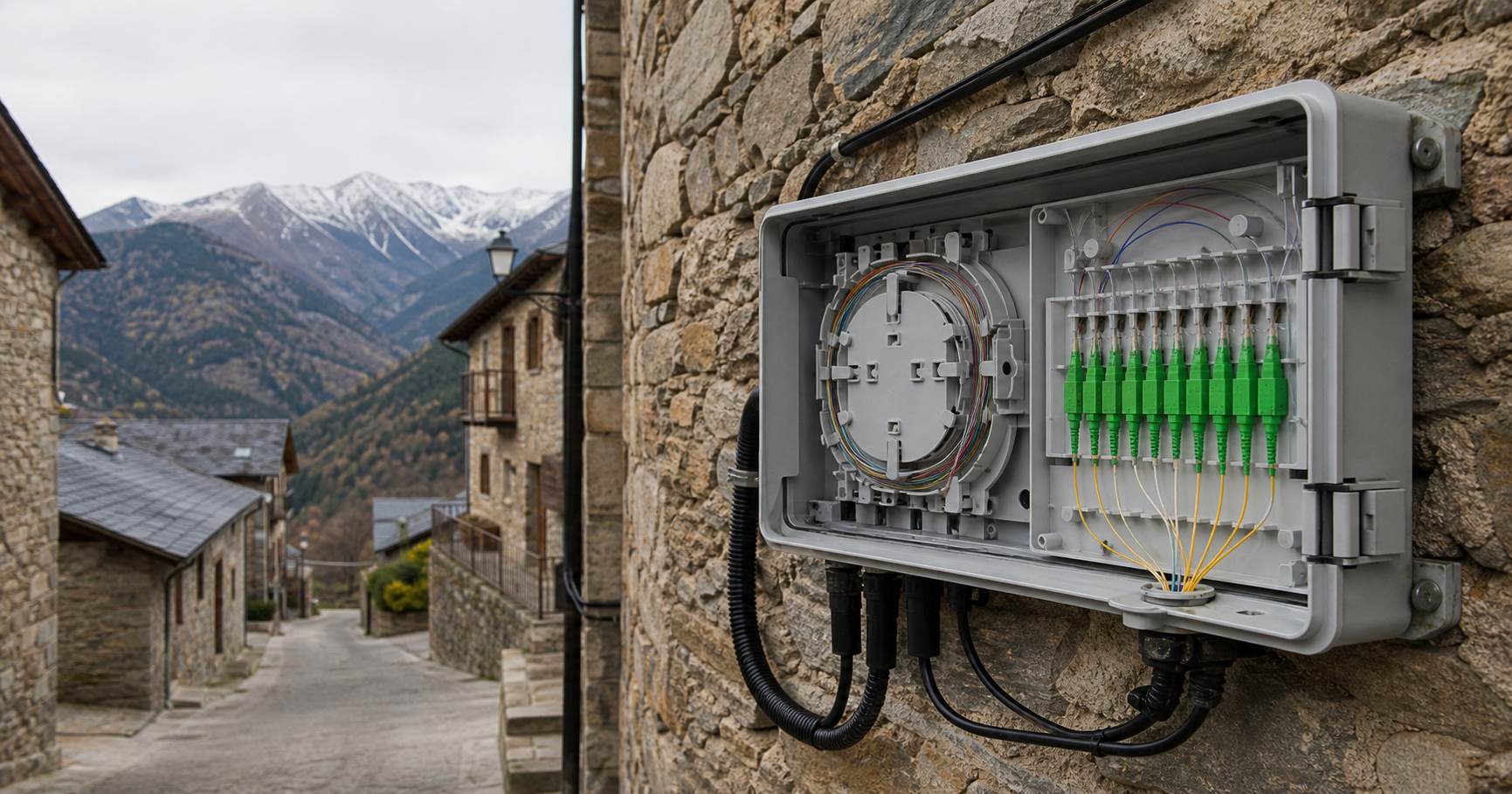 Cutaway of a fiber termination box on a stone wall with a green-lit connector and an empty BGP table overlay, suggesting dormant network infrastructure in a rural Catalan setting.