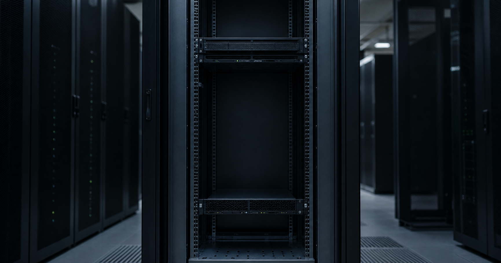 An empty server rack in a dimly lit room, representing an inactive network entity awaiting activation.