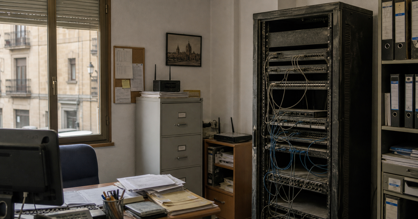 A dimly lit server rack in a Salamanca office, containing a single router labeled AS211596 with dark link lights, beside a monitor showing zero BGP prefixes.