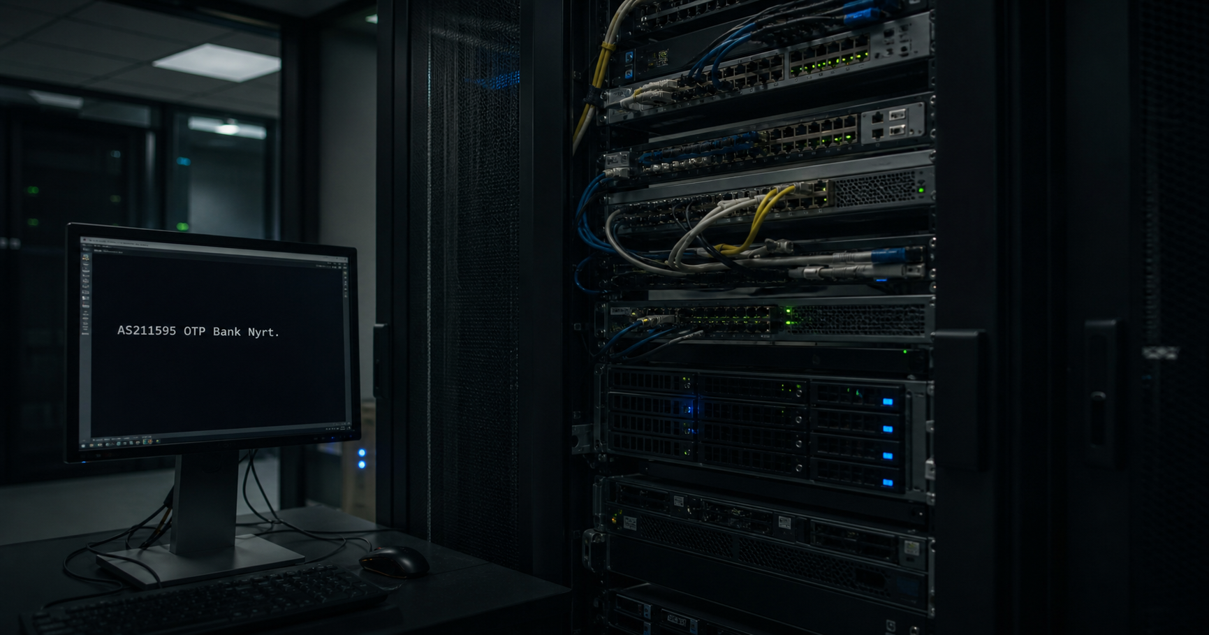 Dormant network equipment in a server room with a terminal showing no announced prefixes from AS211595.