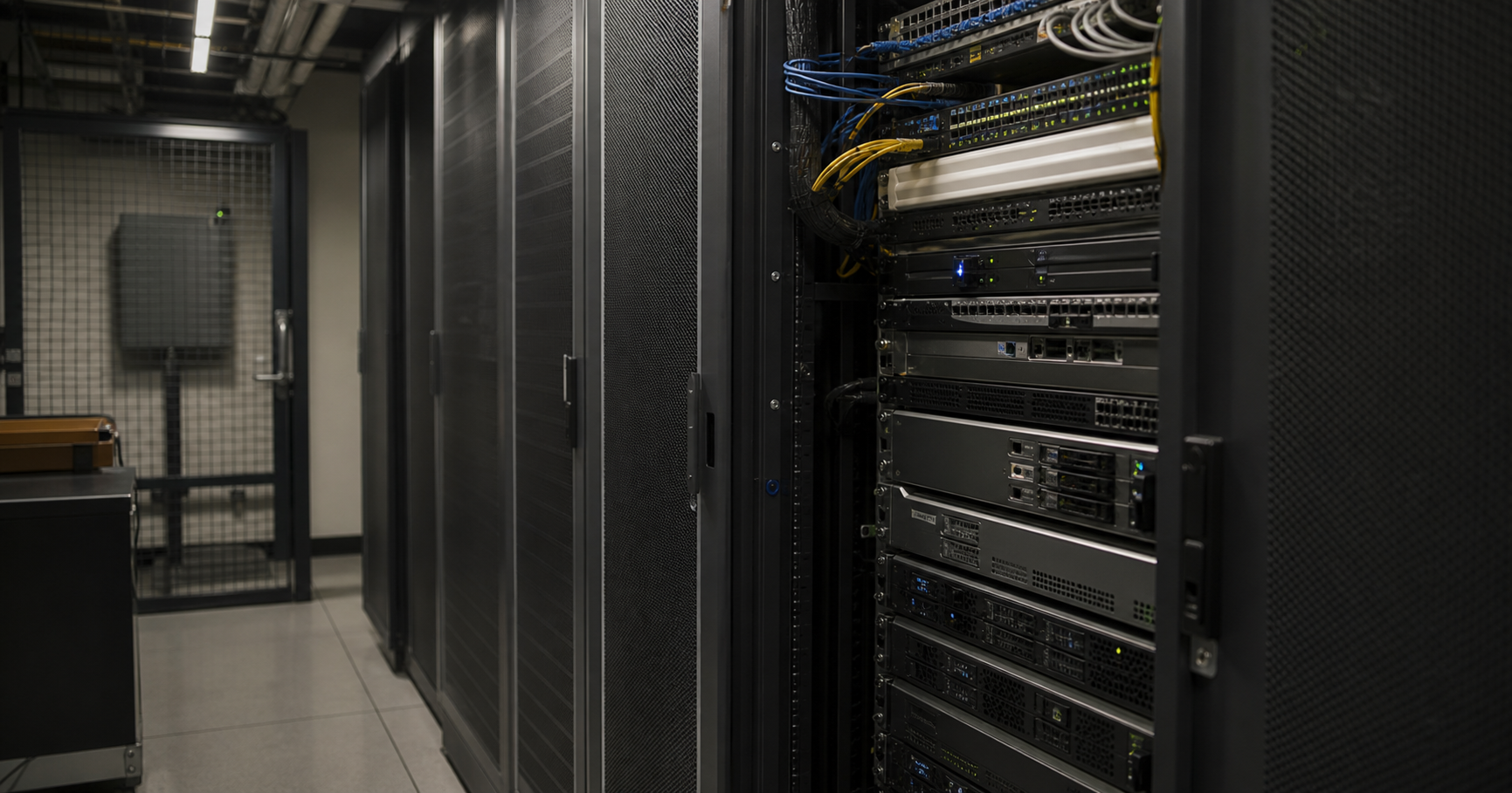 A dimly lit server room showing a dark network port LED, indicating no active link, with a monitor displaying RIPE database entry for AS211594.