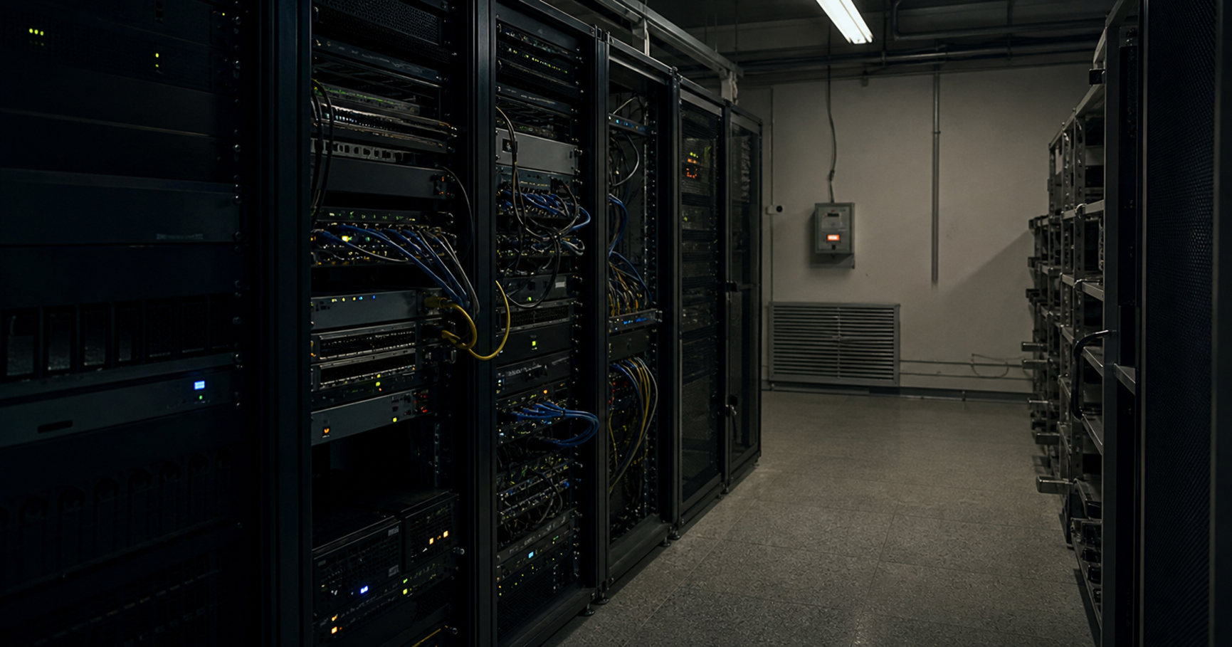 Dormant network rack labeled AS211592 in a dim server room, with a monitor showing the entity's RIPE NCC record.