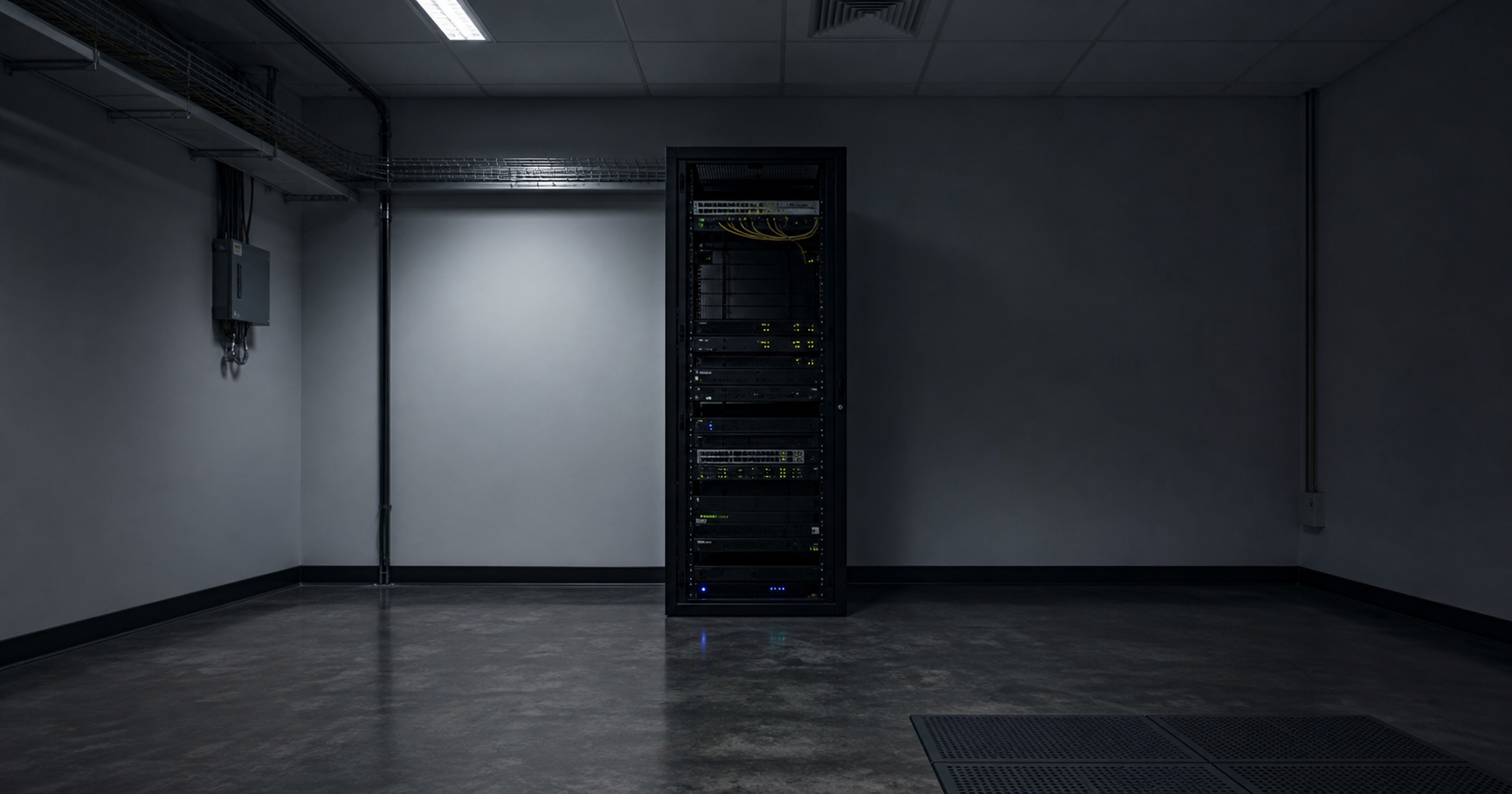 A dark server rack with a monitor showing AS211590 registry details and a 'No prefixes announced' banner, suggesting a dormant network presence.