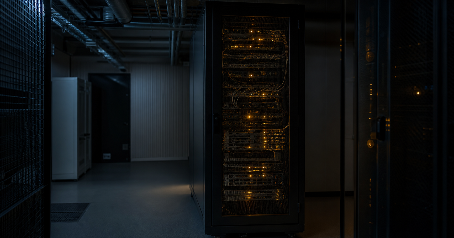 A dimly lit server room with a single rack of equipment, pulsing amber LEDs, and a wall-mounted monitor showing a map of Iceland with data flow lines, overlaid with registry text for AS211589.
