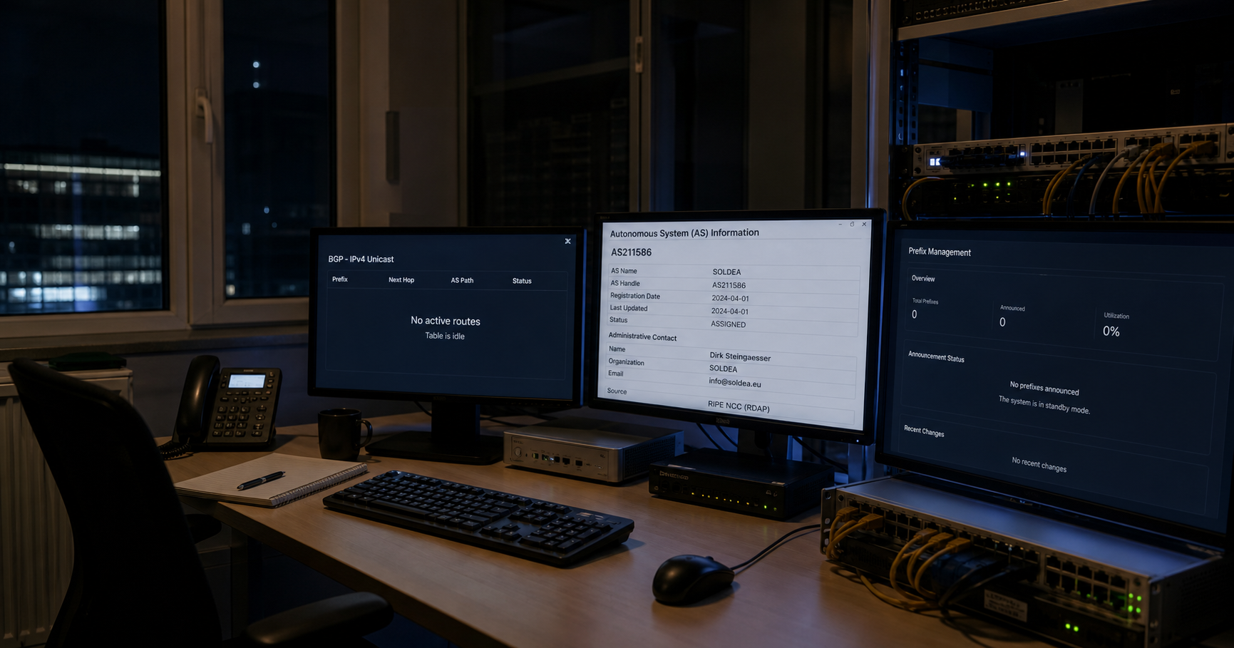 A solitary network operations desk at night, with monitors displaying BGP tables highlighting AS211586 and a dark network graph, an engineer's silhouette at the keyboard.