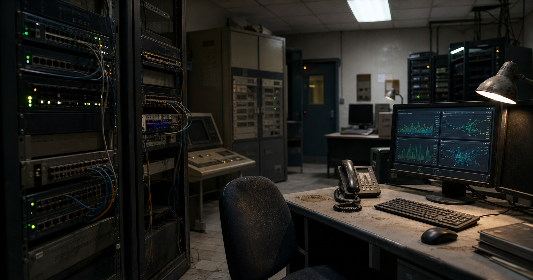 A dimly lit network operations center with a single rack showing a small blinking green LED labeled 'AS211584'.