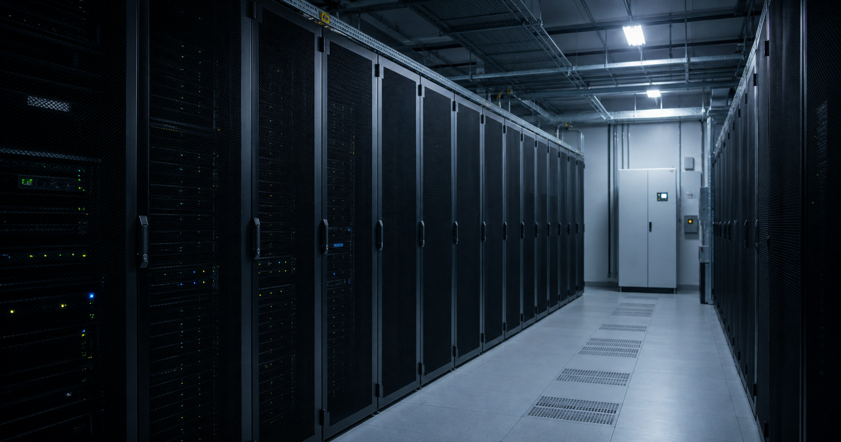 A dormant network router labeled AS211569 sits in a dark server room, its indicators off, while active racks glow faintly in the distance, symbolizing the dormant potential of the autonomous system.
