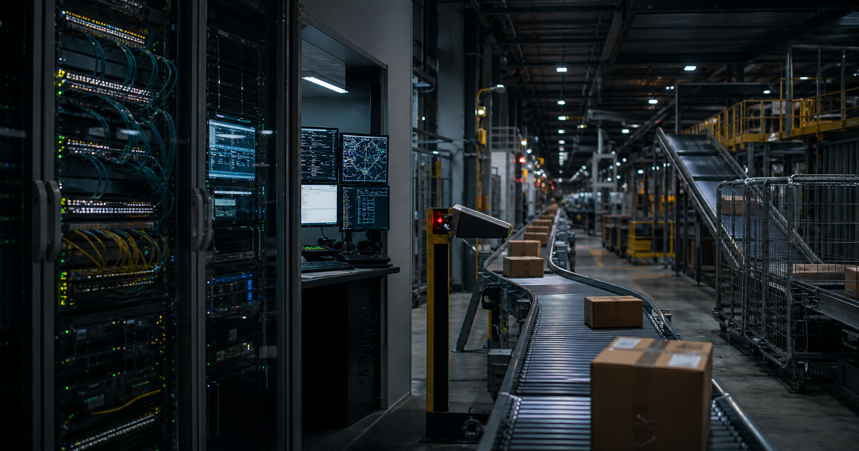 A dark logistics warehouse with a network switch displaying AS211568 and BGP data, symbolizing the hidden internet backbone that runs parcel delivery.