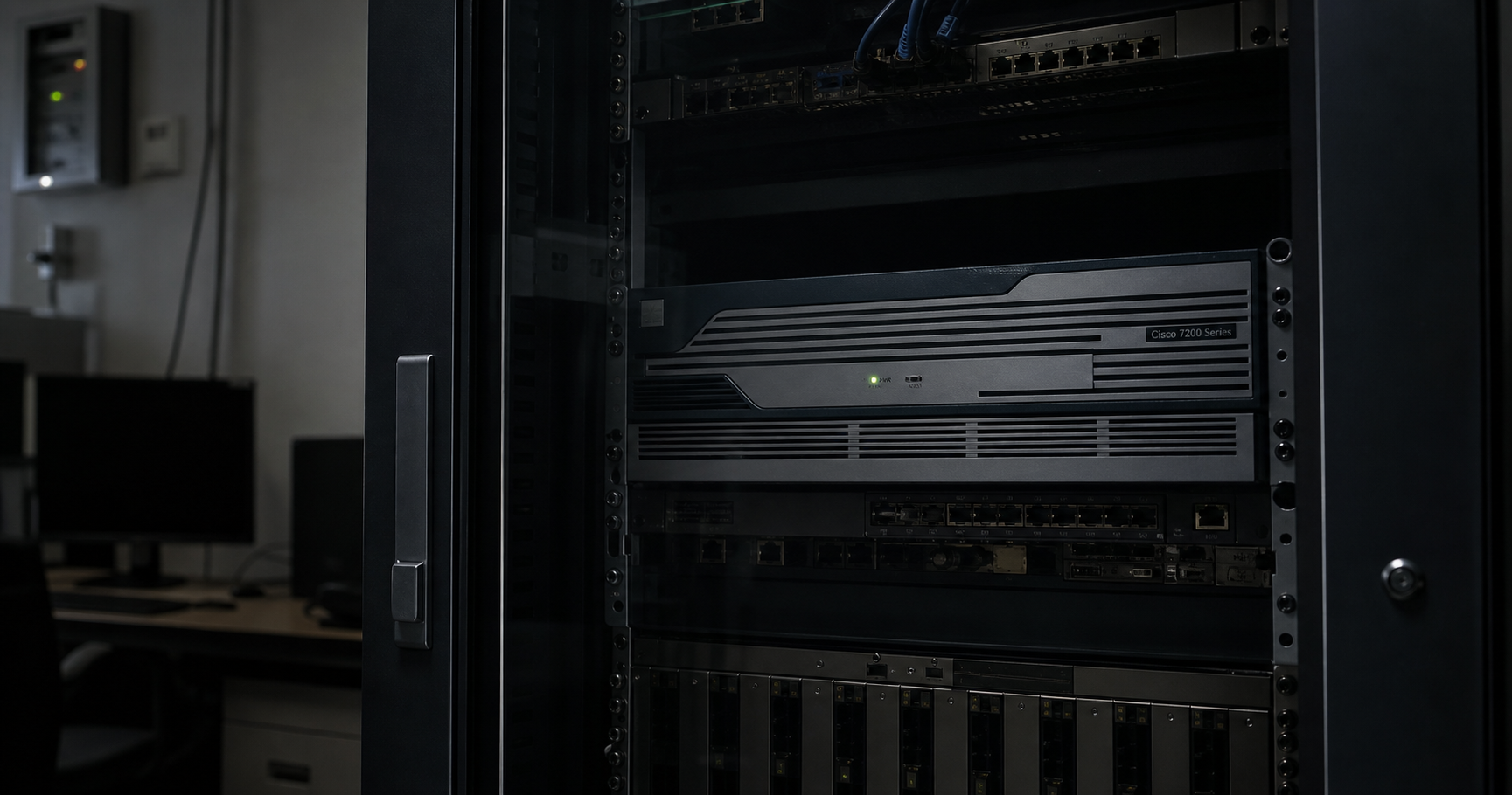 Dormant network equipment with a registry page showing an inactive autonomous system, symbolizing infrastructure potential.