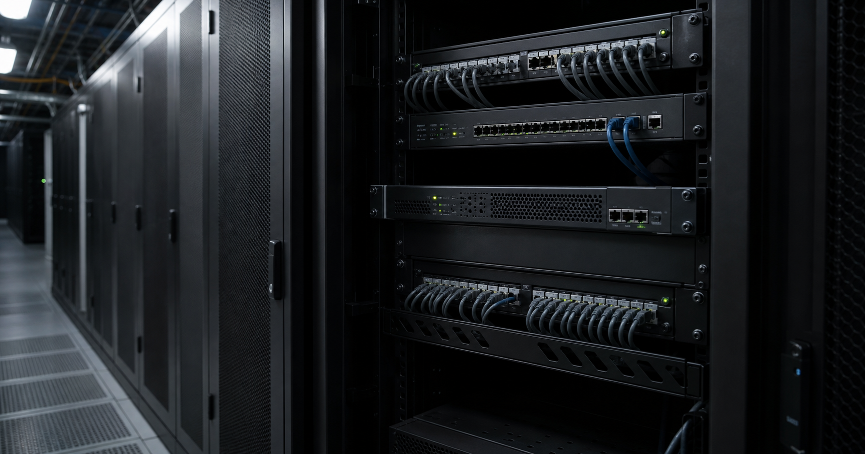Dormant network node for AS211566, with a single status light glowing in a dark data center.