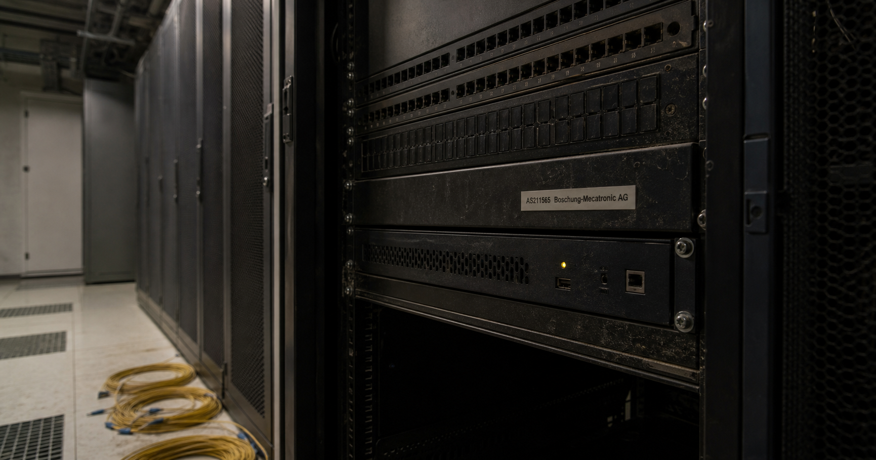 Dormant network rack with AS211565 label, symbolizing a registered but inactive autonomous system.