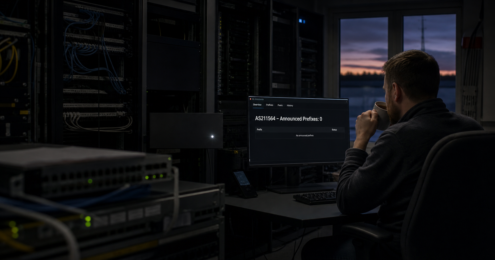 Dormant network operations center with AS211564 displayed on a screen.