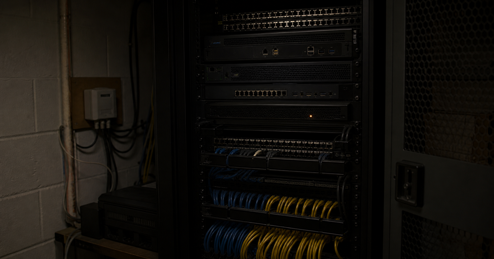 A dimly lit server room with a single rack partially illuminated, its LED indicators dark except for one faintly glowing amber light.