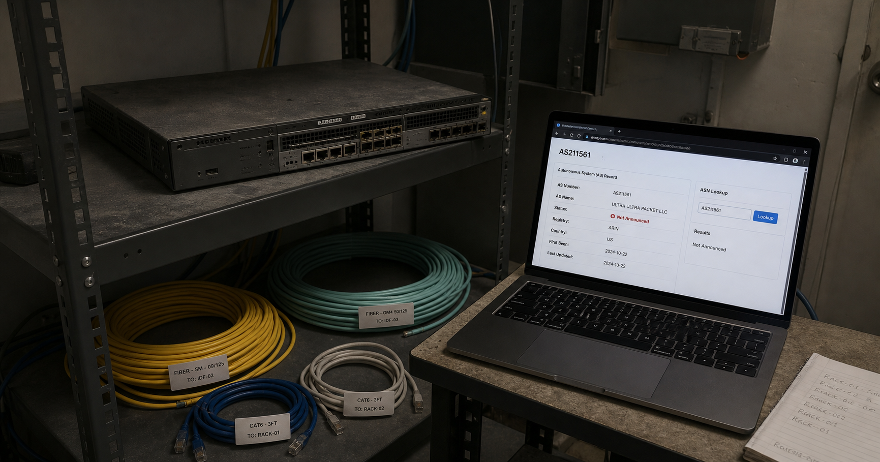 A dimly lit networking closet with a shelf holding a dusty, unpowered router and a laptop displaying a RIPE NCC page for AS211561 with 'Not Announced' status.
