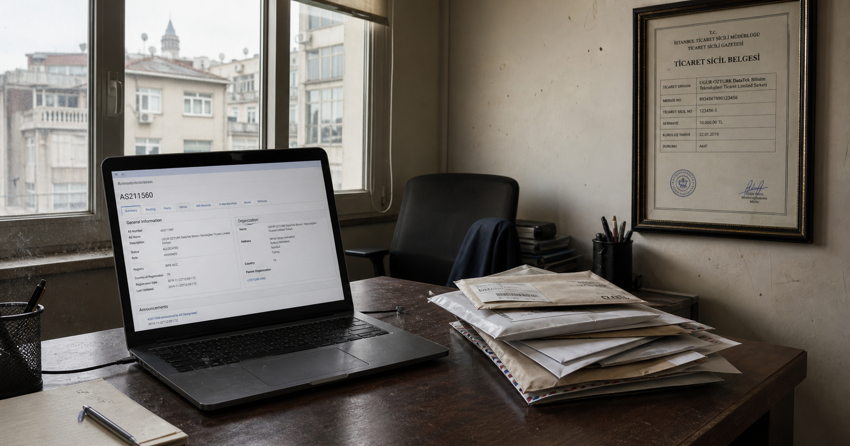 A softly lit back office in Istanbul with a laptop displaying RIPE NCC AS211560 record, a Turkish business certificate on the wall, and a stack of mail, conveying dormant network potential.