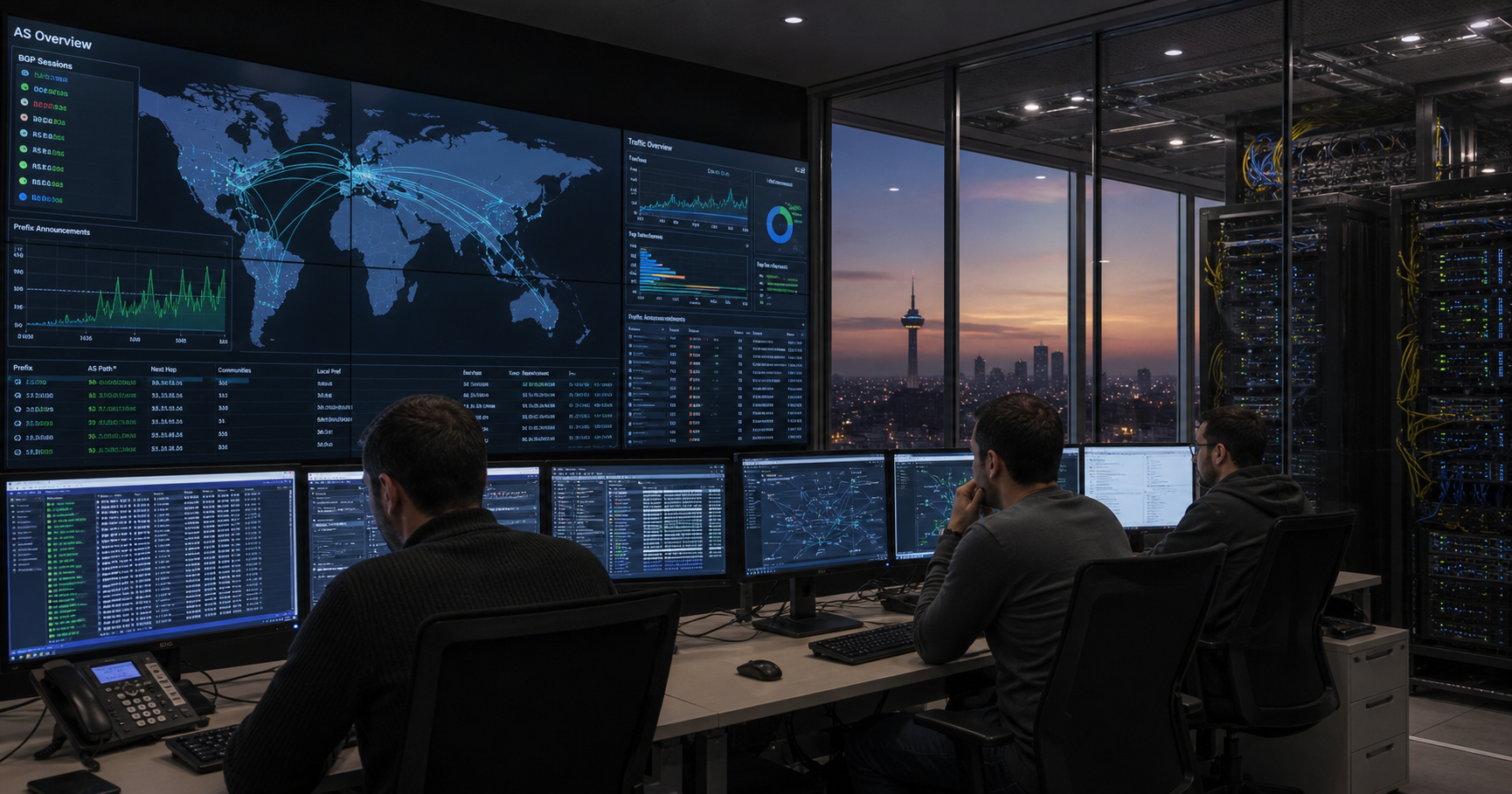 A network operations center at dusk with a large monitor showing BGP routing tables, AS211557 highlighted in amber.