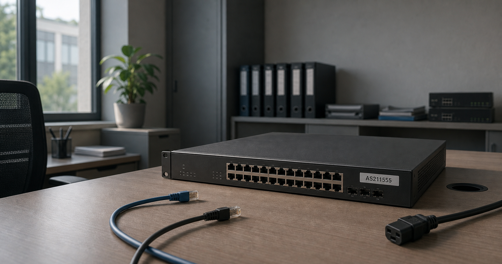 An unplugged network switch labeled AS211555 on a desk, symbolizing an inactive network entity.
