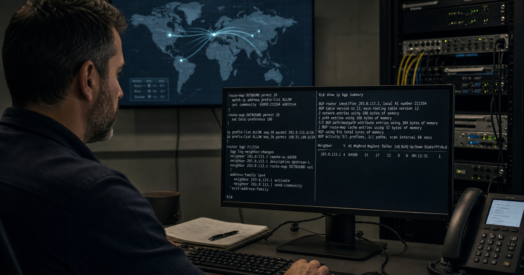 A dimly lit network operations center with a terminal showing AS211554, a wall map displaying internet traffic paths.