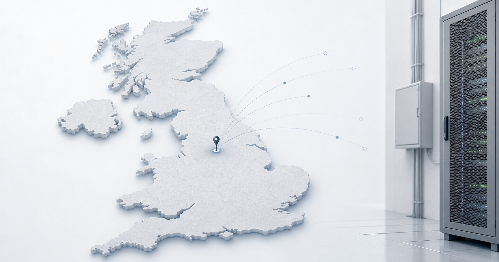 A digital illustration of a UK map with a highlighted network node representing AS211552 under a magnifying glass, emphasizing latent infrastructure potential.