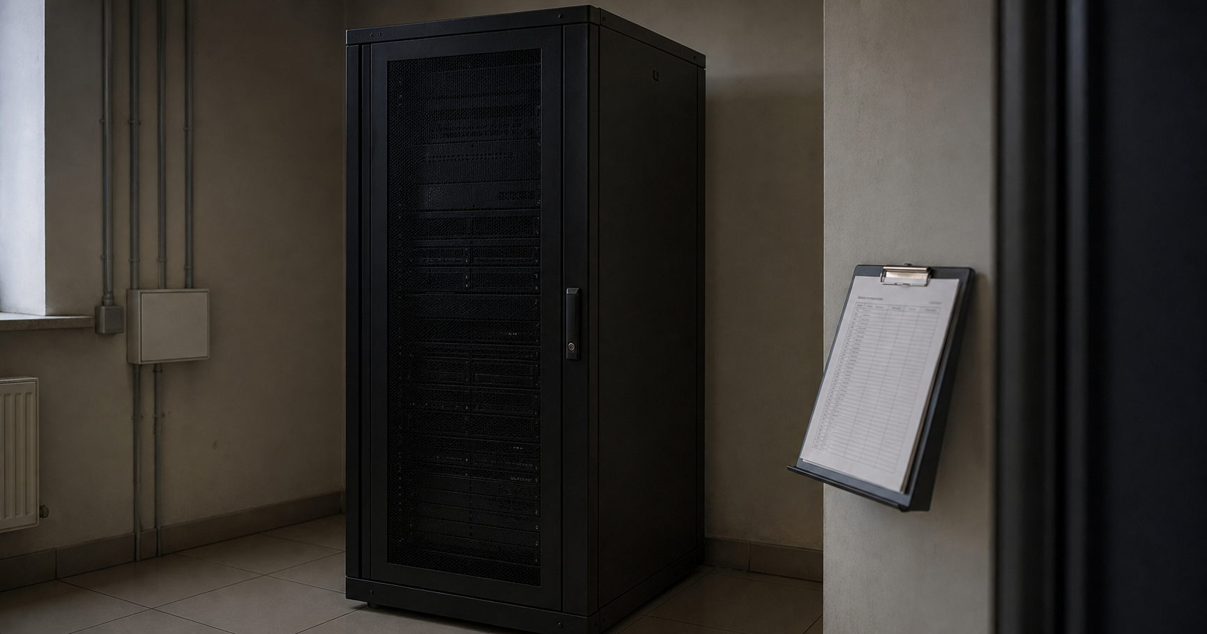 Unlit server rack beside a registry document on an easel in a shadowy room, symbolizing a dormant autonomous system.