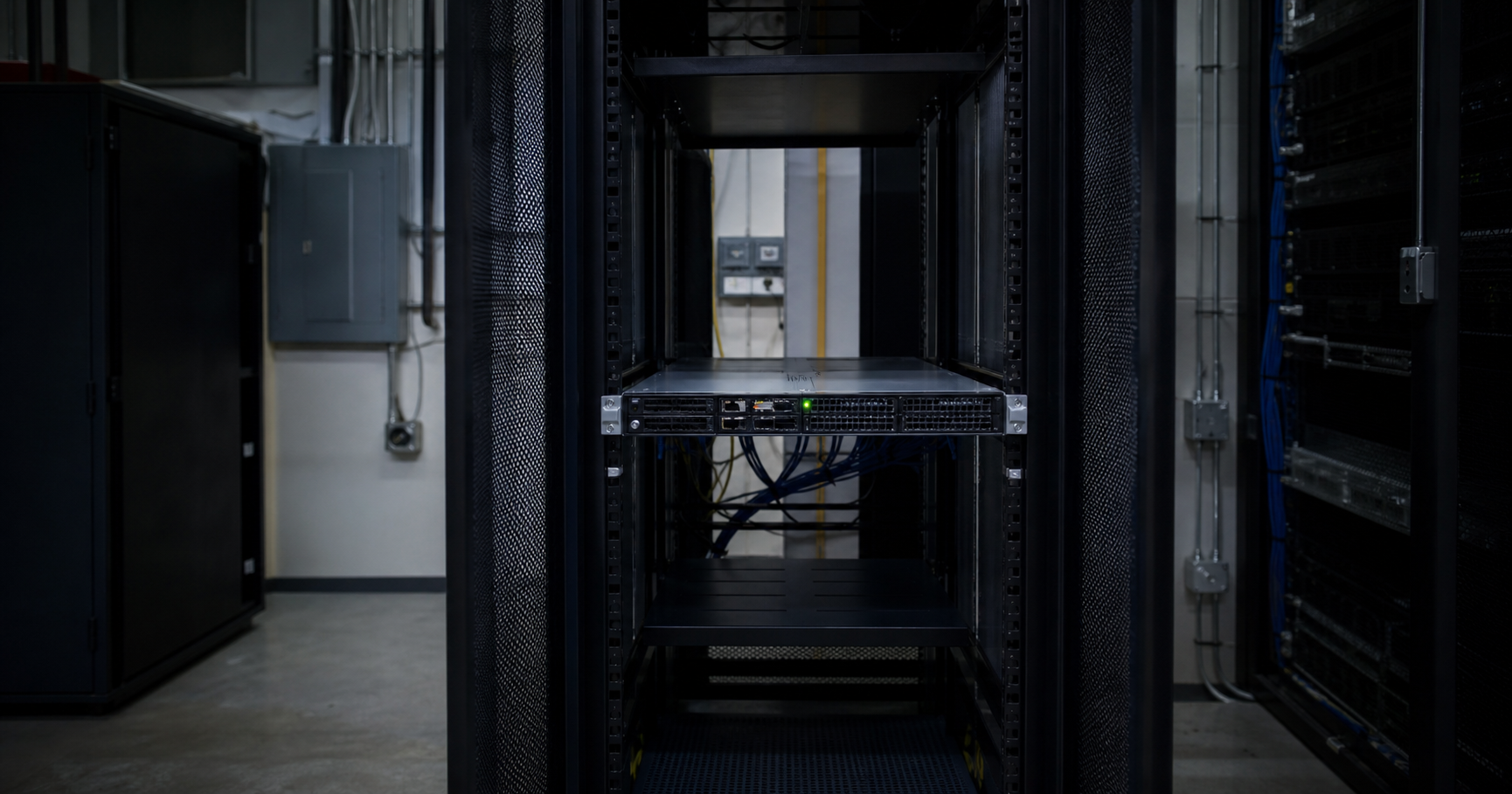A dimly lit server room with a single rack-mounted server, amber power LED glowing, network activity lights dark, a yellow Ethernet cable running across a dusty concrete floor to an unconnected wall patch panel.