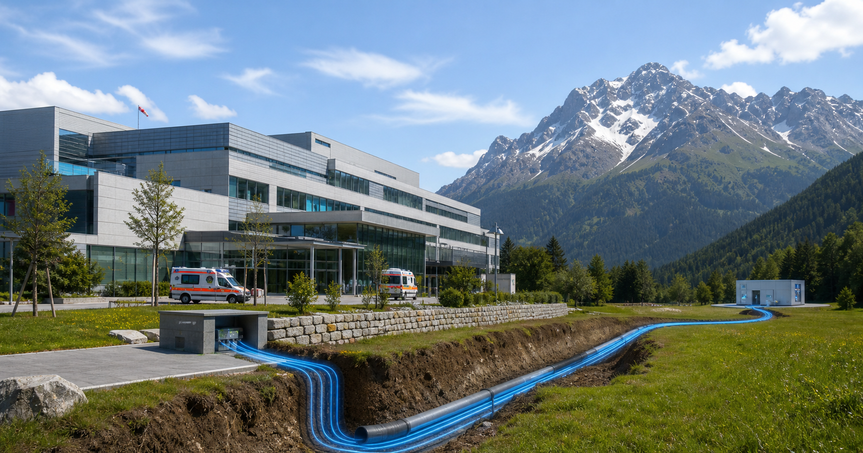 Editorial illustration of a Swiss hospital building in the Alps with glowing network cables connecting to a data center, symbolizing the ASN registration.
