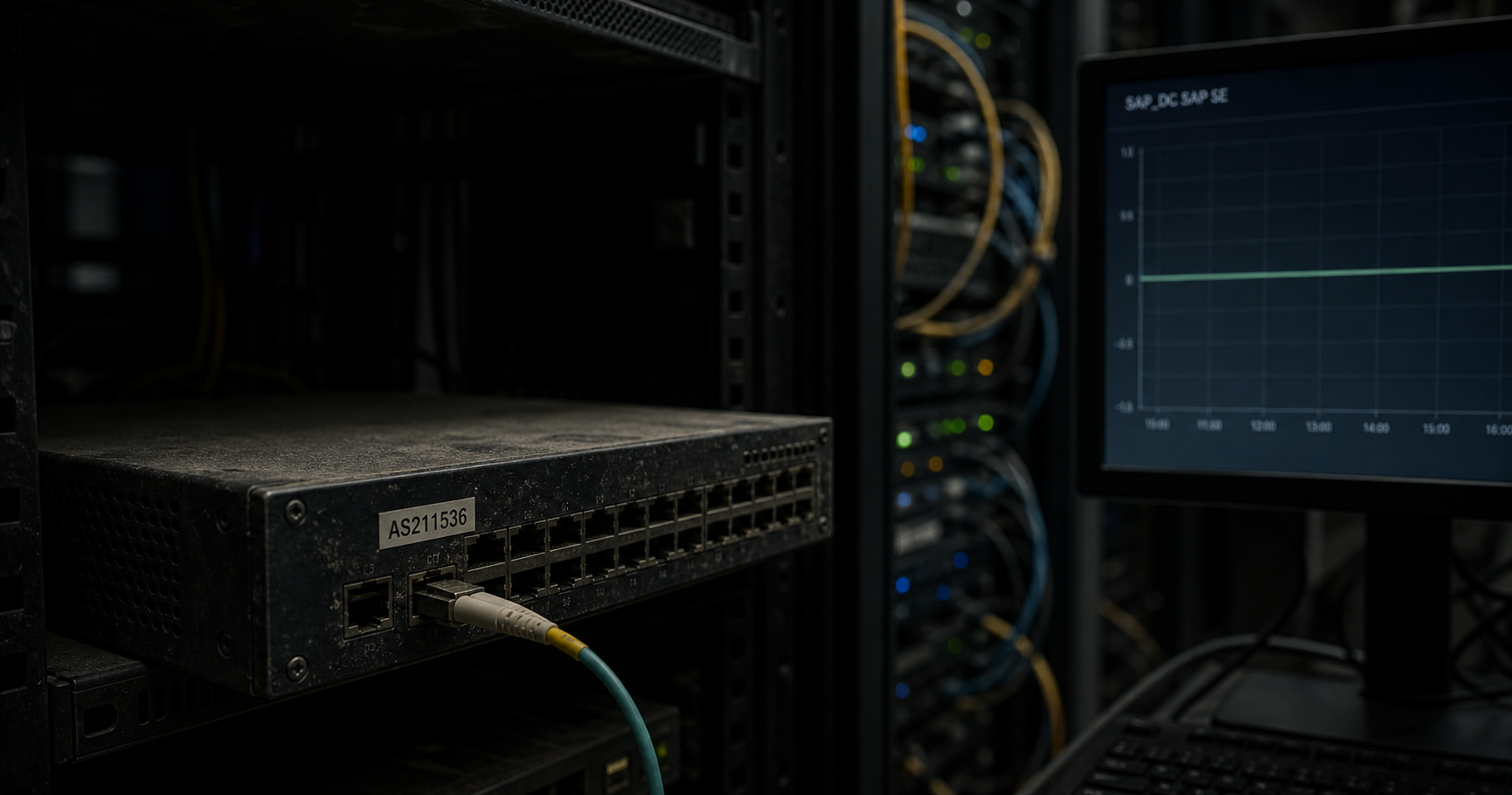 An editorial illustration of a dormant network registry: a dark server room with an inactive switch labeled AS211536, a monitoring screen showing a flatline, and the name SAP_DC SAP SE faintly visible.