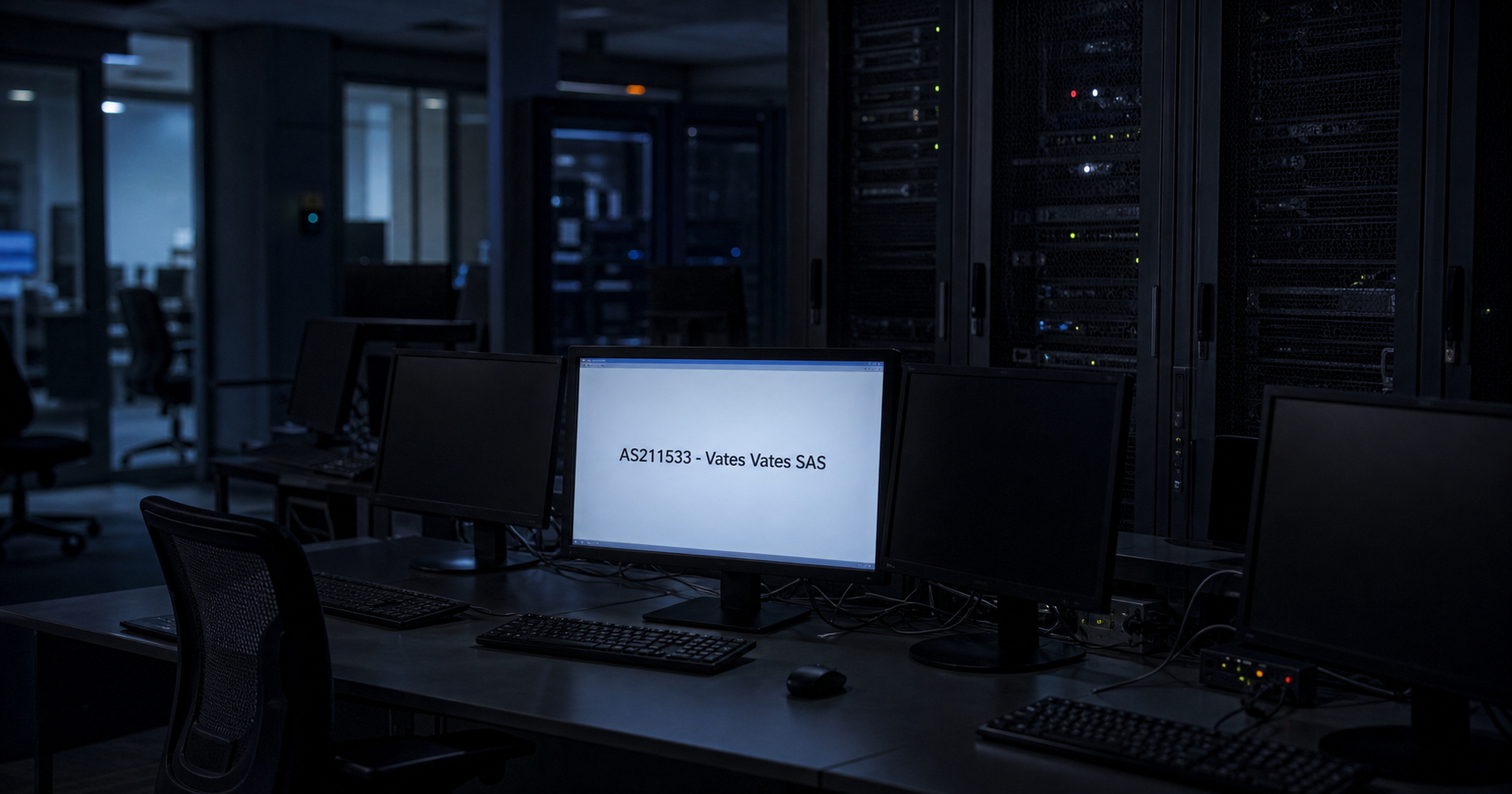 A dimly lit network operations center with a single monitor displaying the text AS211533 and Vates Vates SAS, while other screens remain dark, symbolizing limited visibility.