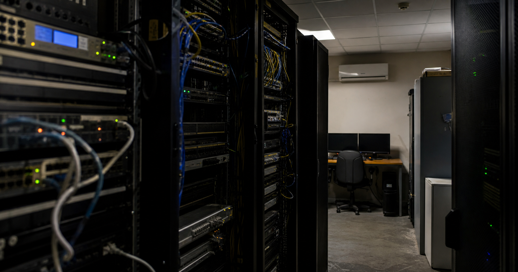 A dimly lit server room with dormant equipment and a single blinking amber LED labeled AS211504.