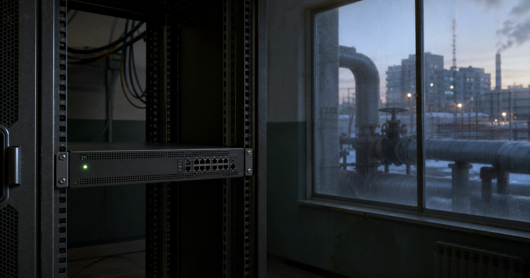 A dimly lit server room with a single rack-mounted network device blinking a green status light, visible through a frosted window with heating pipe silhouettes against a wintery cityscape.