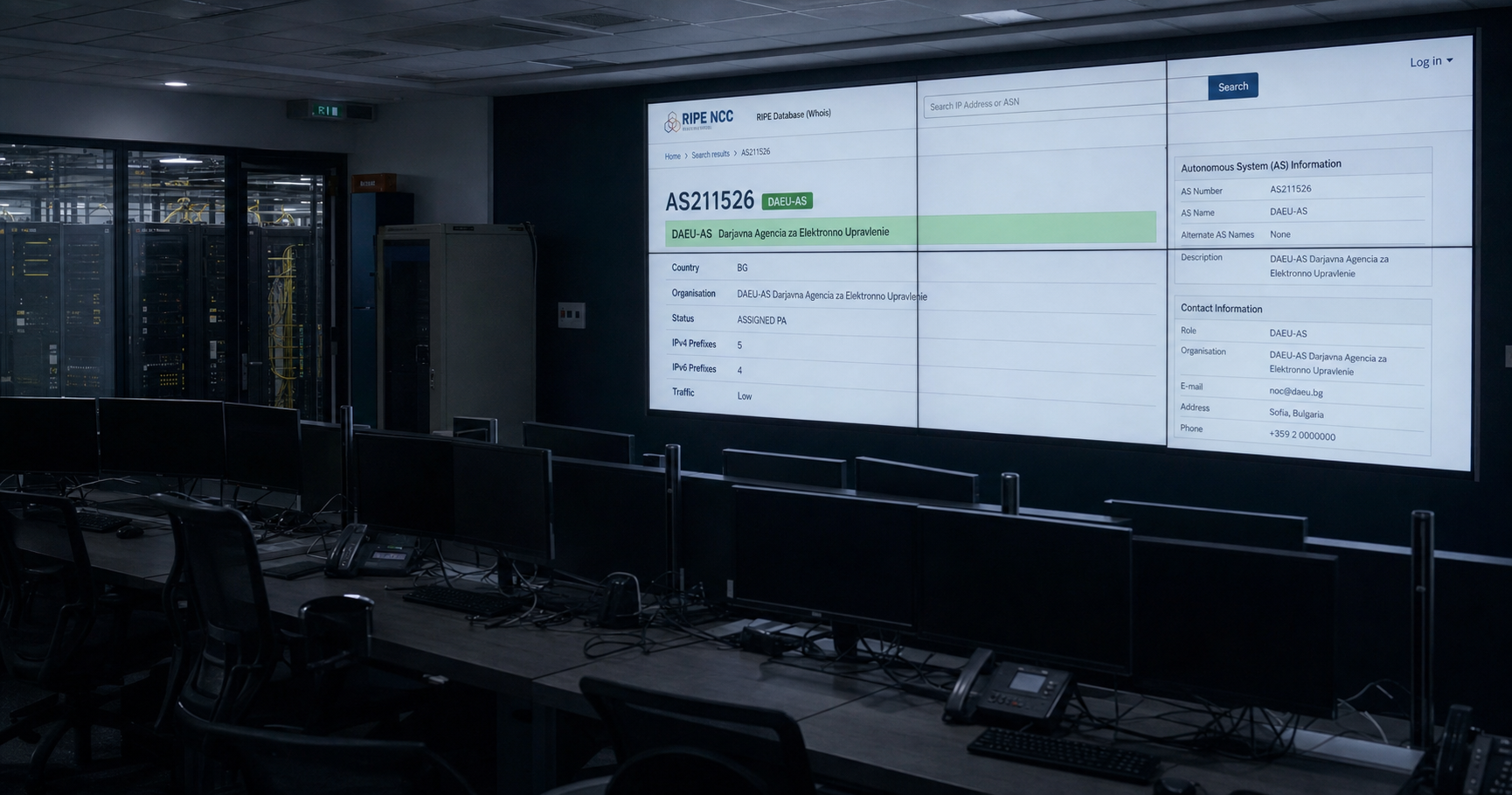 A dimly lit operations center with a large screen displaying the RIPE NCC registry entry for AS211526, the organisation name highlighted in green.