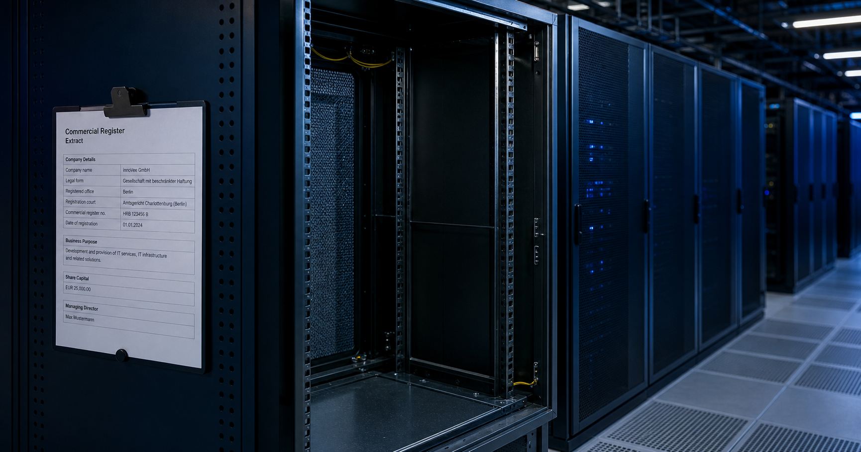 A dimly lit server room with an empty rack, a lone dusty binder labeled 'AS211525' sitting on a shelf, symbolizing a registered but inactive network presence.