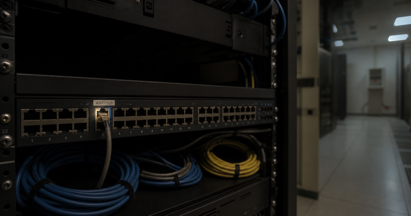 Dormant network switch with AS211521 label in dark server room.