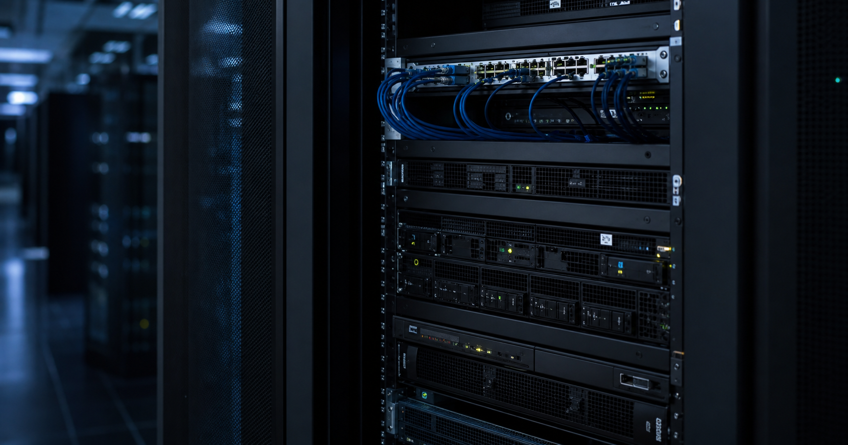 A dark data center with a server rack and a patch cable labeled AS211520, no blinking lights, and a monitor showing a RIPE WHOIS query for AMBER LLC.