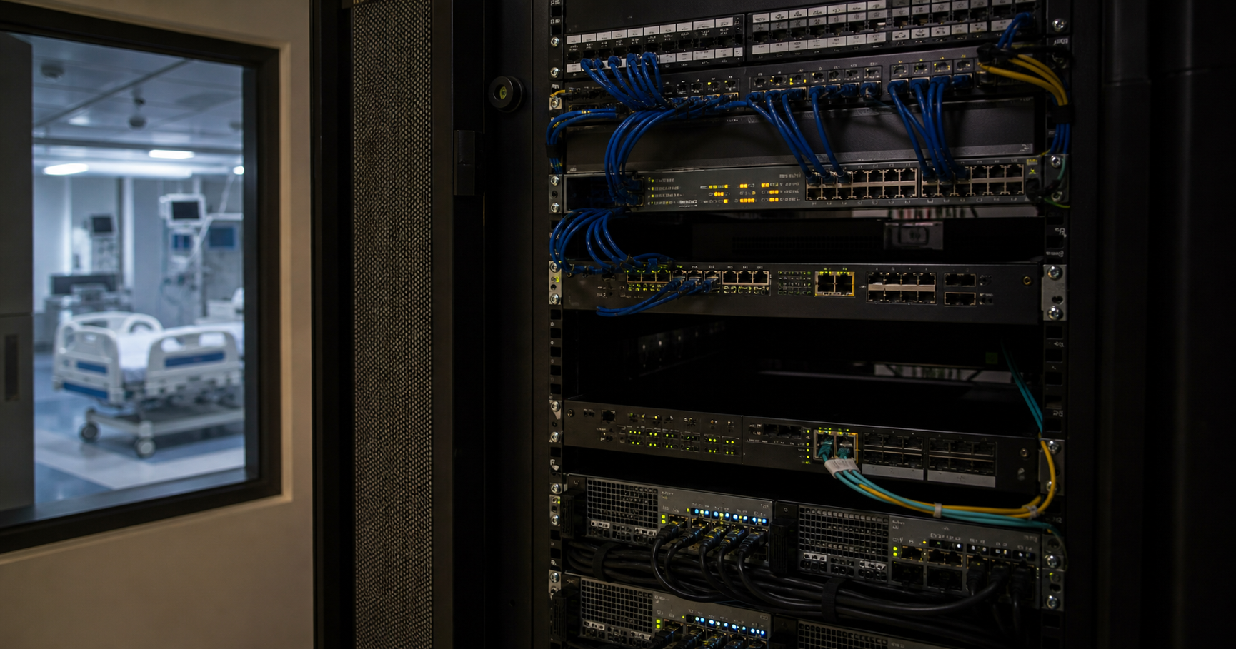 Server room inside a hospital with a network rack; a single amber LED glows indicating standby, seen through a window to a busy medical campus.