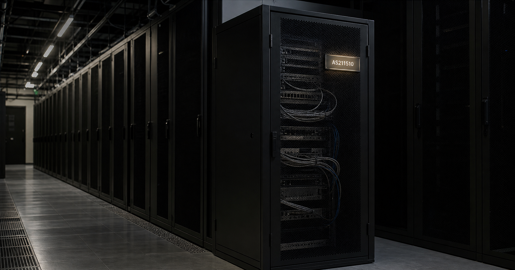 Server rack with an idle AS211510 label, no active blinking lights, in a dim data center.