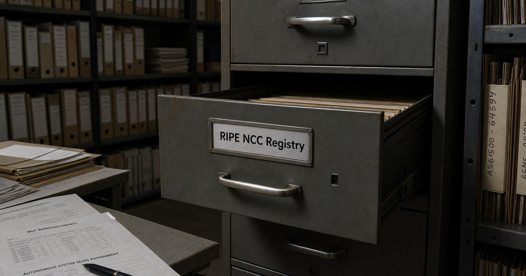 A registry document for AS211509 named RUDAKI-AS Rudakov Ihor lies in an open filing cabinet in a dimly lit archive room.