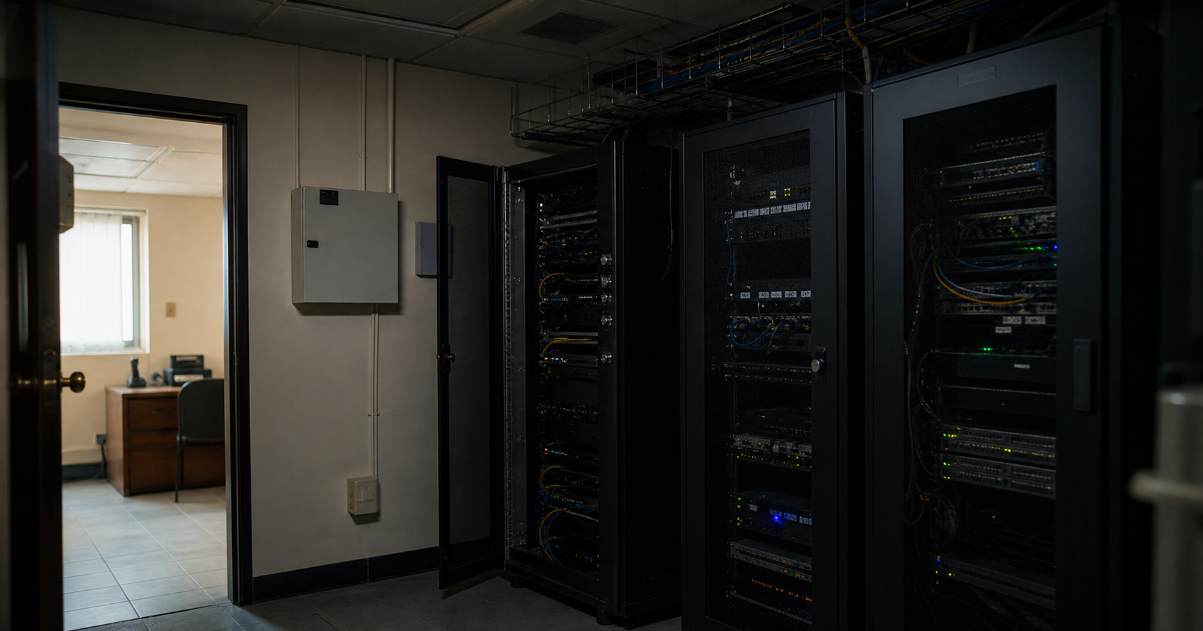 A dark server room with inactive network equipment, representing a dormant autonomous system.