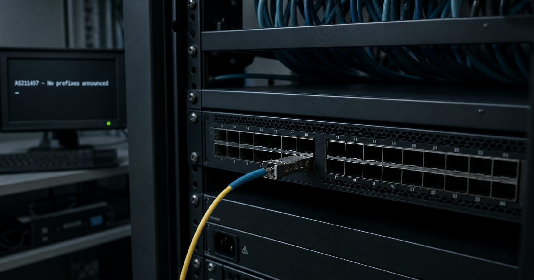 A close-up of a network switch with a single fiber cable partially inserted, all LEDs off, overlaid with text 'AS211497 - No prefixes announced'.