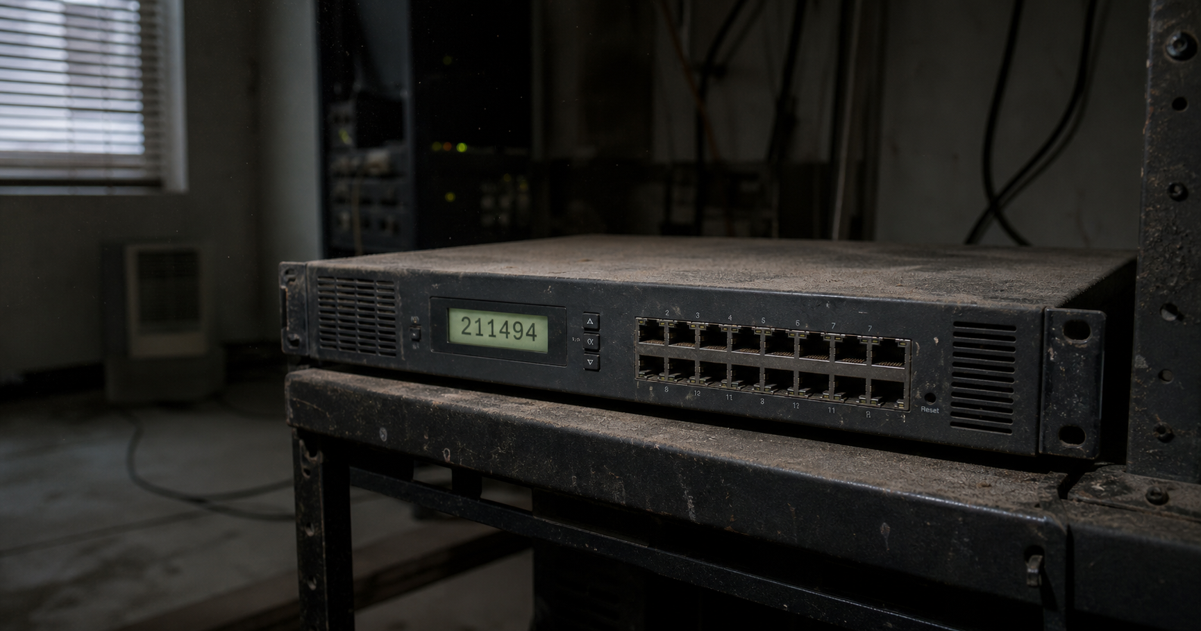 A dormant network router labeled AS211494 in a dusty, empty server room, symbolizing an inactive ASN with no routing activity.