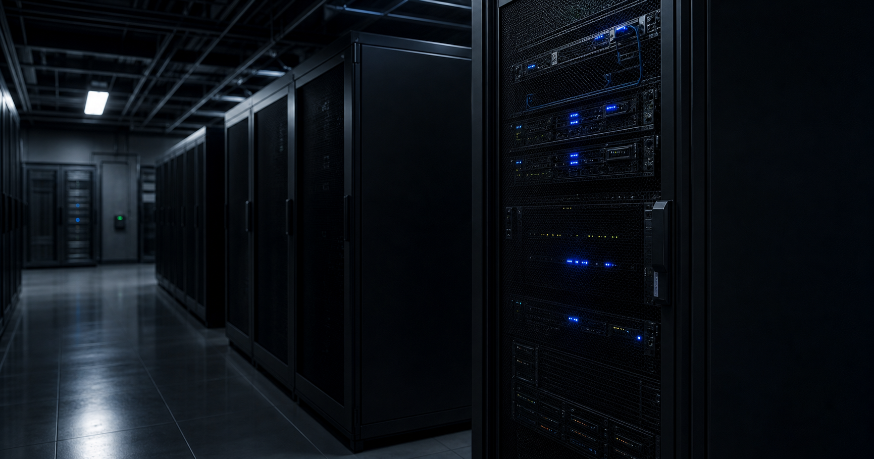 A dimly lit network operations center with one server rack illuminated, symbolizing a dormant but registered internet infrastructure entity.