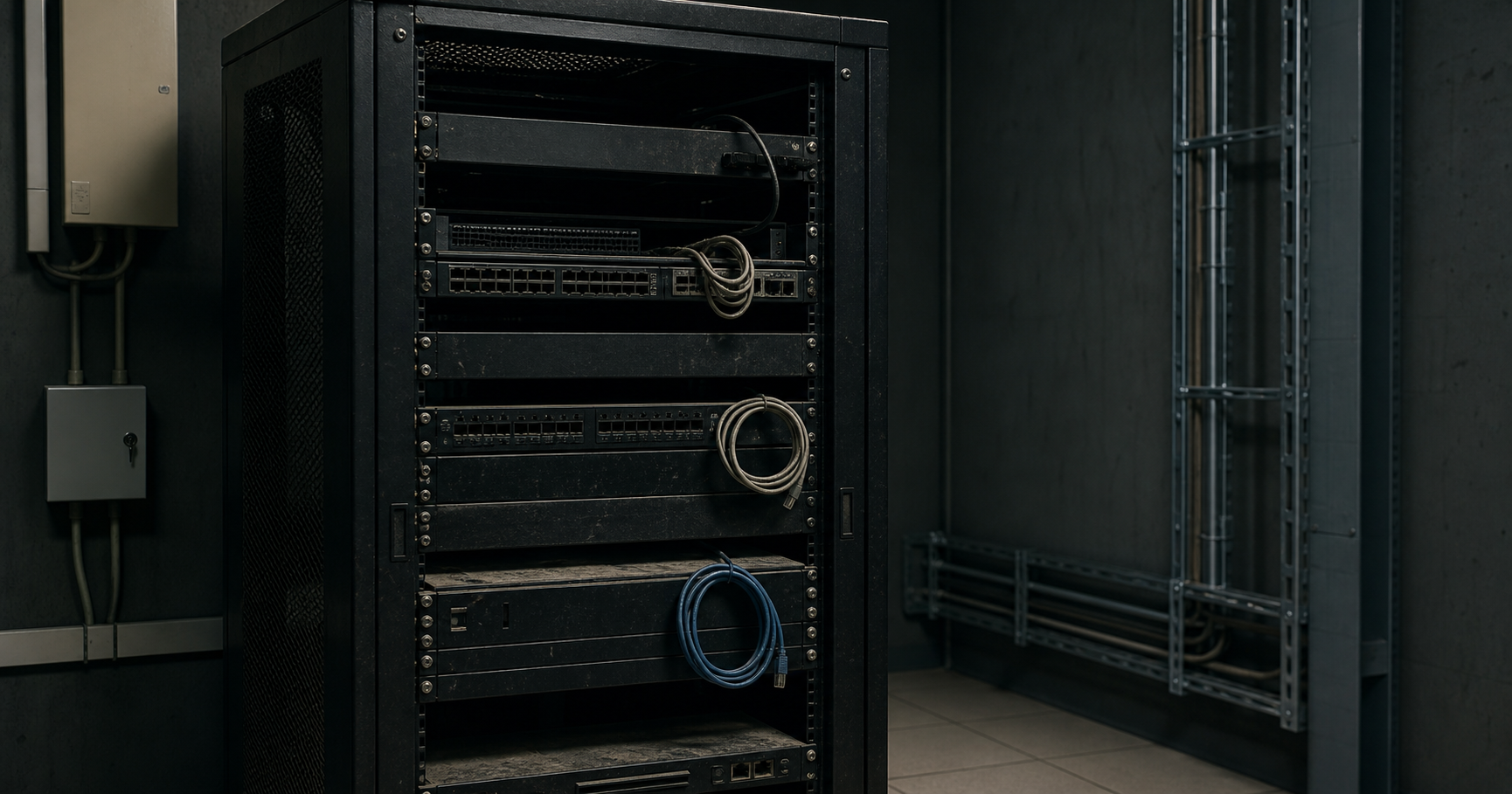 A dusty server rack with a single amber LED lit on a switch labeled AS211487, representing a dormant network waiting to be activated.