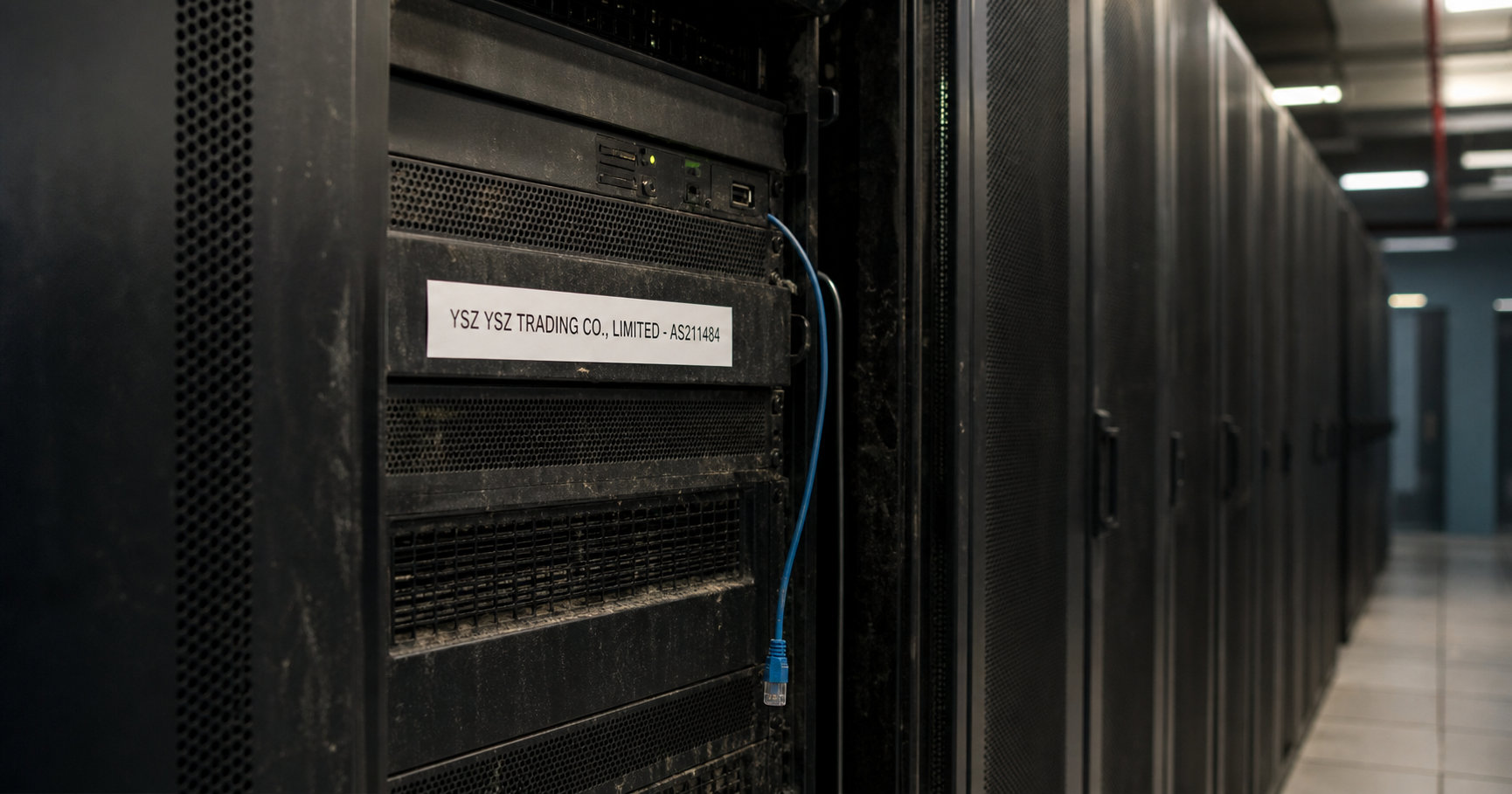 A dusty server rack in a dimly lit data center with a single blue Ethernet cable hanging limply and a label reading 'YSZ YSZ TRADING CO., LIMITED - AS211484' affixed to the front.
